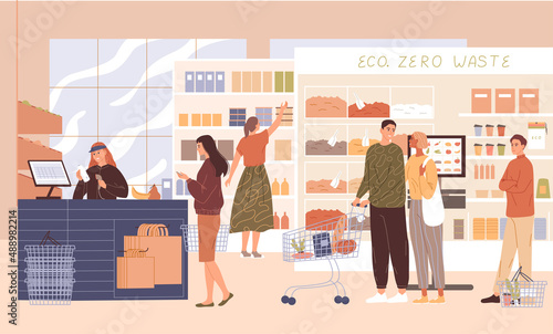 People in the supermarket buying groceries Vector illustration