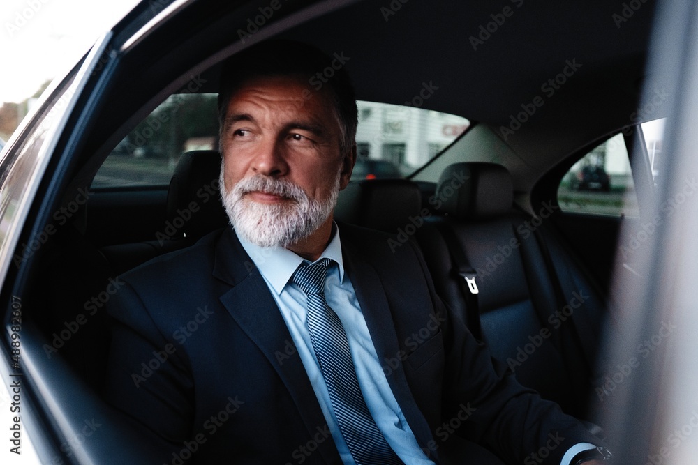 Mature handsome businessman is sitting in luxury car. Serious bearded man in suit. Mature handsome businessman is sitting in luxury car. Serious bearded man in suit.