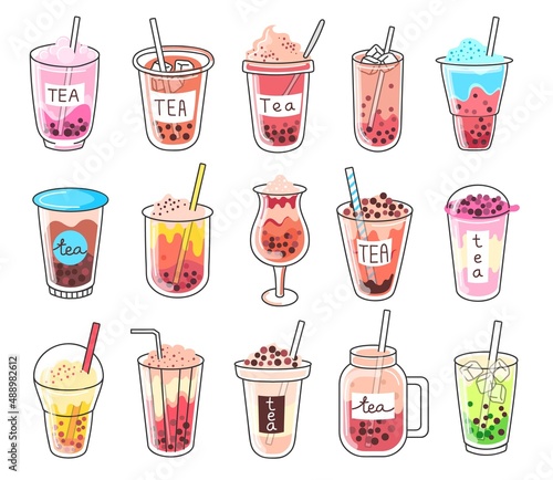 Bubble milk tea doodles, cold boba drinks with tapioca pearls. Taiwan sweet pearl tea drink, iced summer milkshakes and beverages vector set of milk tea delicious drink