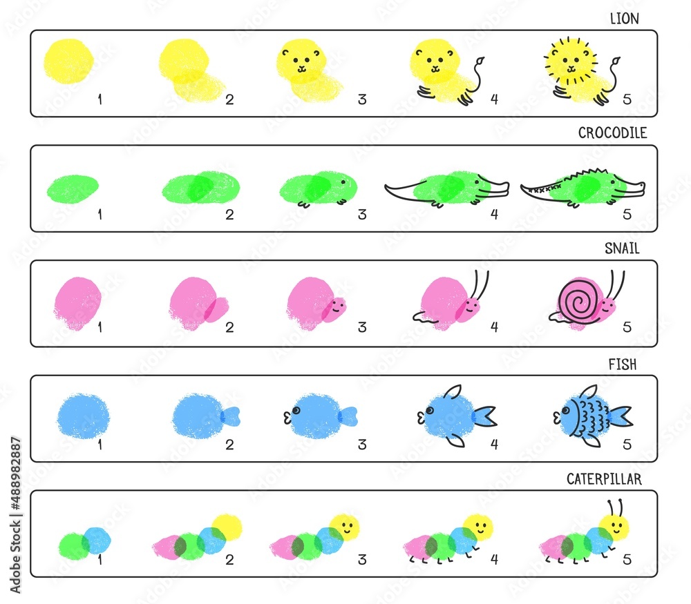 Fingerprint animals step by step, children finger paint art game. Painting  with fingers, kindergarten kids activity vector illustration. Illustration  of fingerprint childish Векторный объект Stock | Adobe Stock