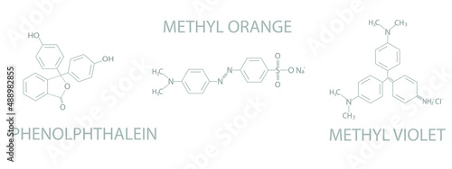Structural formulas of chemical indicators. (Methyl orange, phenolphthalein, methyl violet)

