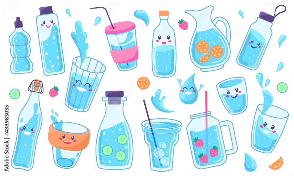 Cute water bottles and glasses, drink containers with funny faces. Healthy summer drinks with ice and lemon, reusable glass bottle vector set. Illustration of container water drink