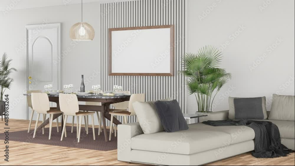 3D mockup photo frame in living room near dining table 3D mockup photo frame in living room near dining table
