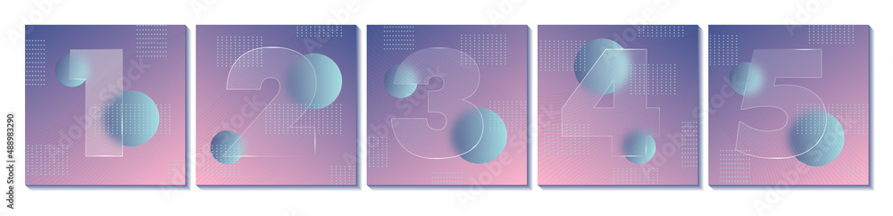 Square carousel stories social media posts. Glass morphism effect. Transparent frosted acrylic shape numbers on pastel gradient background. Futuristic realistic glassmorphism. Vector Square carousel stories social media posts. Glass morphism effect. Transparent frosted acrylic shape numbers on pastel gradient background. Futuristic realistic glassmorphism. Vector