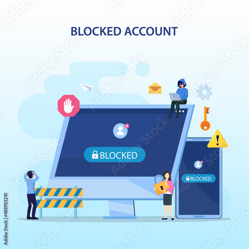 People are very surprised and feeling anxious about blocked user account. Experts help user to unblock account. Flat vector template Style Suitable for Web Landing Page.