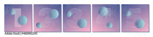 Square carousel stories social media posts. Glass morphism effect. Transparent frosted acrylic shape numbers on pastel gradient background. Futuristic realistic glassmorphism. Vector