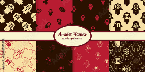 Collection of vector seamless patterns with amulet Hamsa. Hand drawn textures for paper, fabric, wallpaper, surface design