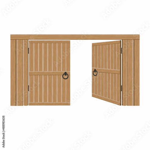 Old wooden massive open gates, vector illustration. Double door with iron handles and hinges