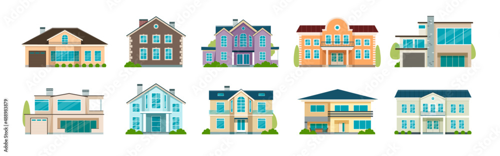 Flat modern cottage house, suburban neighborhood, residential villas. Vacation houses, real estate, country home exterior, vector set. Illustration of exterior architecture construction