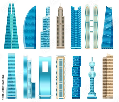 Skyscrapers, modern skyscraper towers, city business office buildings. Downtown glass architecture, urban building facade vector set. Illustration of building architecture, business office collection