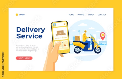 Online delivery service landing page template, courier on scooter. Food order tracking app, delivery men with package vector website concept. Illustration of delivery application for shipping