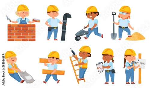 Cute little builders in uniform, kids with construction tools. Cartoon children characters in hard hat working at building site vector set. Illustration of construction uniform, helmet and worker