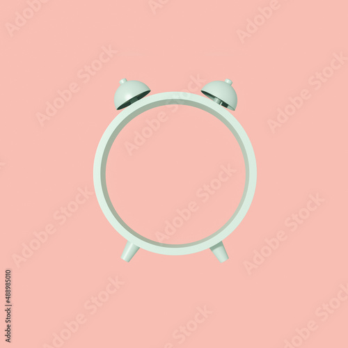 Time concept. The empty frame of the green alarm clock is on a pink background. Minimalistic abstract composition in pastel colors. 3d render.
