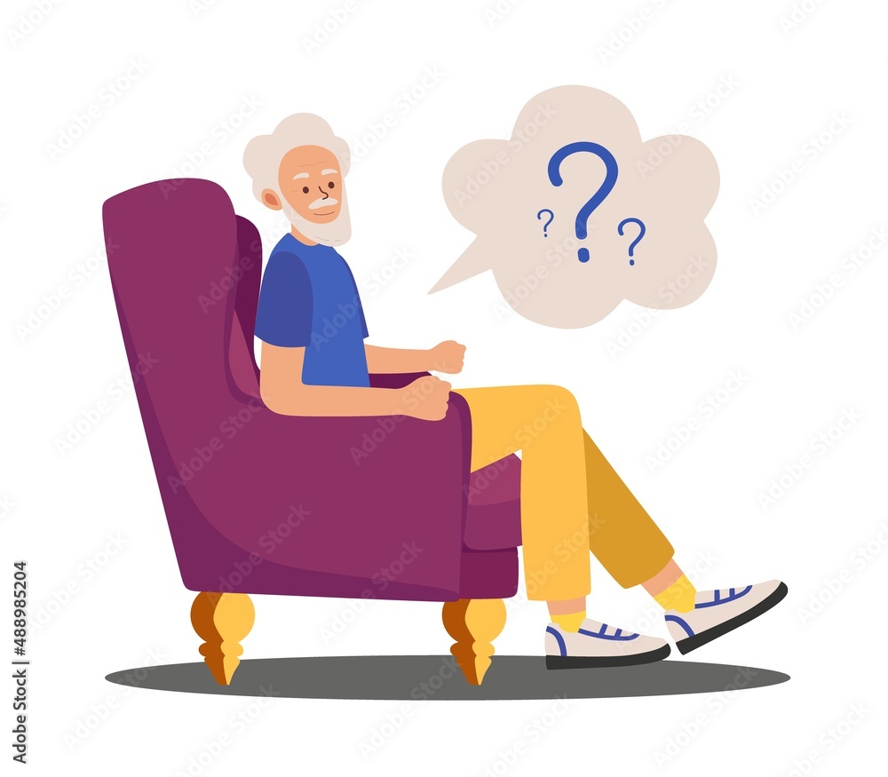 Dementia Grandpa in a chair can't figure out where he is Vector illustration in a flat style