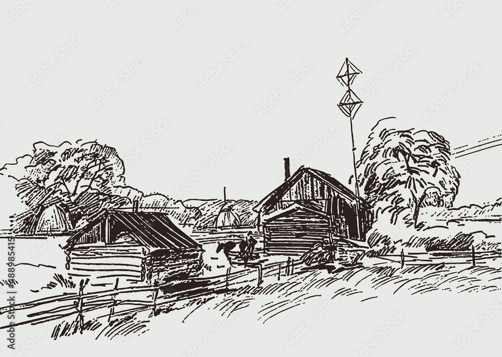 Sketch of village landscape with old wooden houses, trees and fence