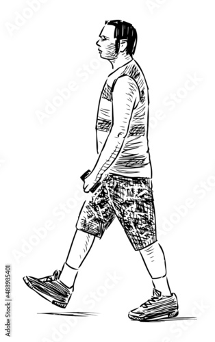 Sketch of casual man with smartphone in hand walking outdoors on summer day