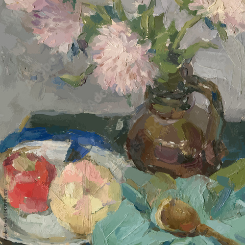 Vector illustration of oil painting still life with bouquet pink peonies in ceramic pot and apples on green drapery