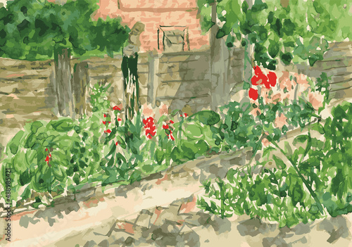 Watercolor vector illustration of path walk near rural house with flower beds and  trees on summer sunny day