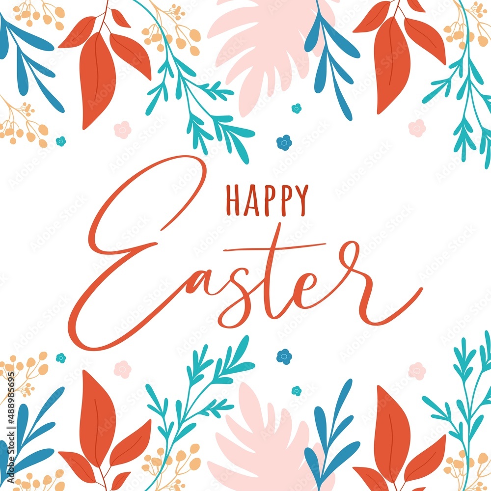 Fototapeta premium Happy easter card with lettering. Design banner with flowers. Vector card for greeting card, sale,offer,promotion