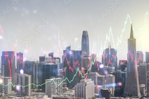 Abstract virtual financial graph hologram on San Francisco skyline background, forex and investment concept. Multiexposure
