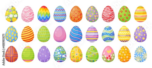 Cartoon chocolate easter eggs, colorful painted egg with patterns. Traditional spring season holiday celebration decor element vector set. Illustration of easter eggs drawing