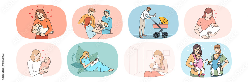 Collection of smiling loving young moms and dads take care of newborn babies. Set of happy parents enjoy parenthood hug baby infant. Family growing. Childhood and upbringing. Vector illustration. Collection of smiling loving young moms and dads take care of newborn babies. Set of happy parents enjoy parenthood hug baby infant. Family growing. Childhood and upbringing. Vector illustration.