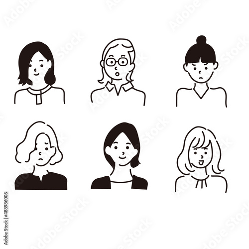 イラストベクター素材：女性　アイコン、表情、セット、ビジネス、若い