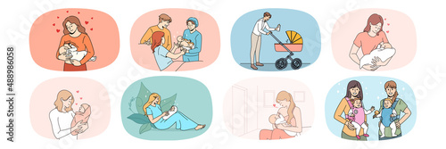 Collection of smiling loving young moms and dads take care of newborn babies. Set of happy parents enjoy parenthood hug baby infant. Family growing. Childhood and upbringing. Vector illustration. 