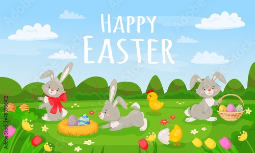 Cartoon spring landscape with cute easter bunnies and eggs. Happy easter card, springtime meadow scenery with flowers vector illustration. Spring rabbit easter, bunny and flower