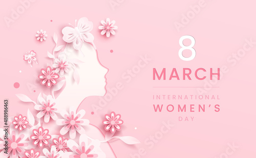 8 march background. International women's day floral decorations in paper art style with frame of flowers and leaves. Greeting card on pastel pink tone. Vector illustration