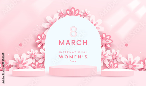 Minimal scene on pink pastel background with cylinder podium and flowers for women, valentine, mother day. Stage mockup showcase for product, sale, cosmetic and discount. 3d vector illustration
