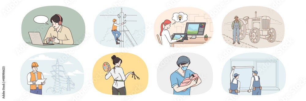 Set of people and their jobs and professions. Collection of diverse man and woman employees with professions. Electrician, graphic designer and engineer. Vector illustration. 