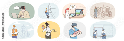 Set of people and their jobs and professions. Collection of diverse man and woman employees with professions. Electrician, graphic designer and engineer. Vector illustration. 