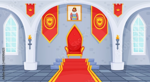 Castle throne room, royal palace interior, medieval ballroom. Cartoon fairytale kingdom hall with king thrones chair, flags vector illustration. Furniture gallery medieval, european comfortable