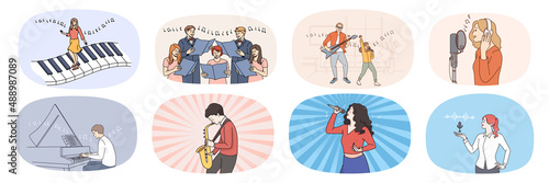 Set of people have fun singing and playing musical instruments. Collection of men and women enjoy music leisure activity. Hobby and entertainment. Musician and artist. Vector illustration. 