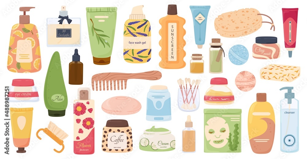 Skincare and beauty products, cosmetic bottles, tubes and jars. Cartoon cleanser, face mask, eye cream, hygiene self care product vector set. Illustration of beauty cosmetic bottle