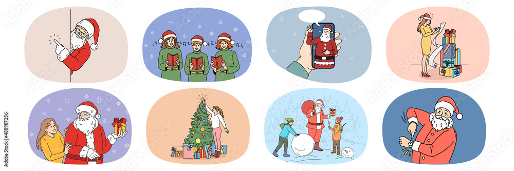 Set of people have fun celebrate New Year decorate fir tree make presents. Collection of Christmas celebrating with gifts and Santa Claus greeting. Winter holiday. Vector illustration. Set of people have fun celebrate New Year decorate fir tree make presents. Collection of Christmas celebrating with gifts and Santa Claus greeting. Winter holiday. Vector illustration.