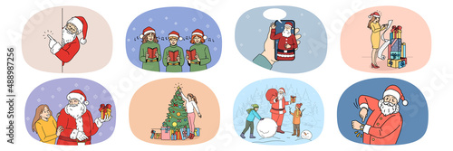 Set of people have fun celebrate New Year decorate fir tree make presents. Collection of Christmas celebrating with gifts and Santa Claus greeting. Winter holiday. Vector illustration. 