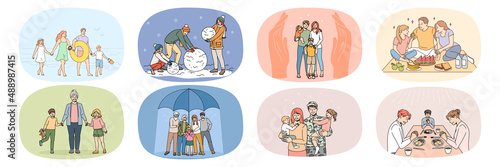 Set of family with children show love and unity in relationships. Collection of caring parents with small kids relax and play together, enjoy weekend and vacation. Bonding. Vector illustration. 