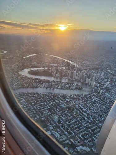 The photos from the airplane in Brisbane Australia during the golden hour