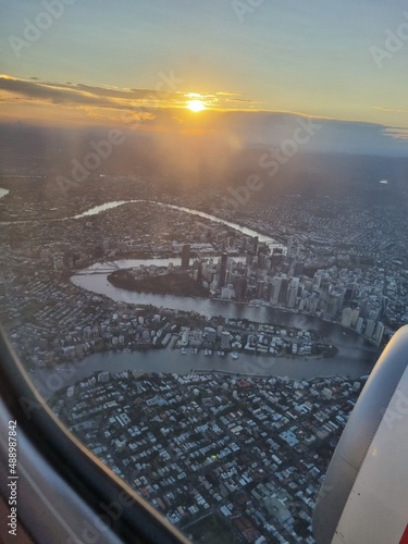 The photos from the airplane in Brisbane Australia during the golden hour
