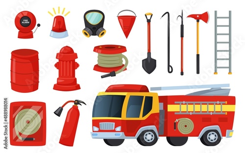 Cartoon firefighter equipment and tools, axe, extinguisher and firehose. Fire truck, hydrant, bucket, firefighting elements vector set. Illustration of firefighter tools