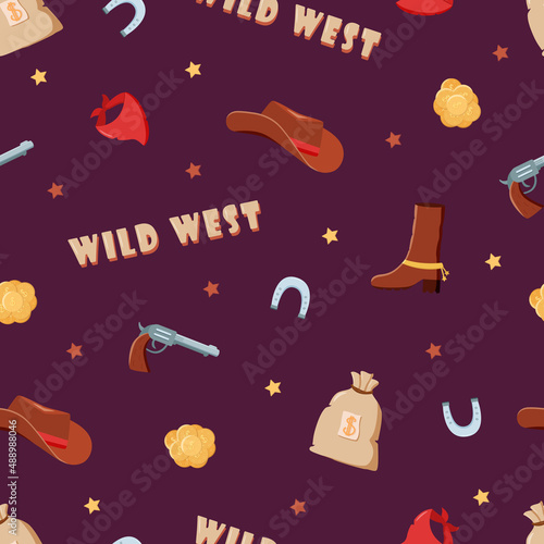 Seamless pattern Wild West set of vector illustrations. Cowboy western elements icon. hat  neckerchief  boots  lasso  horseshoe  bag and money  pistol and cigarette.