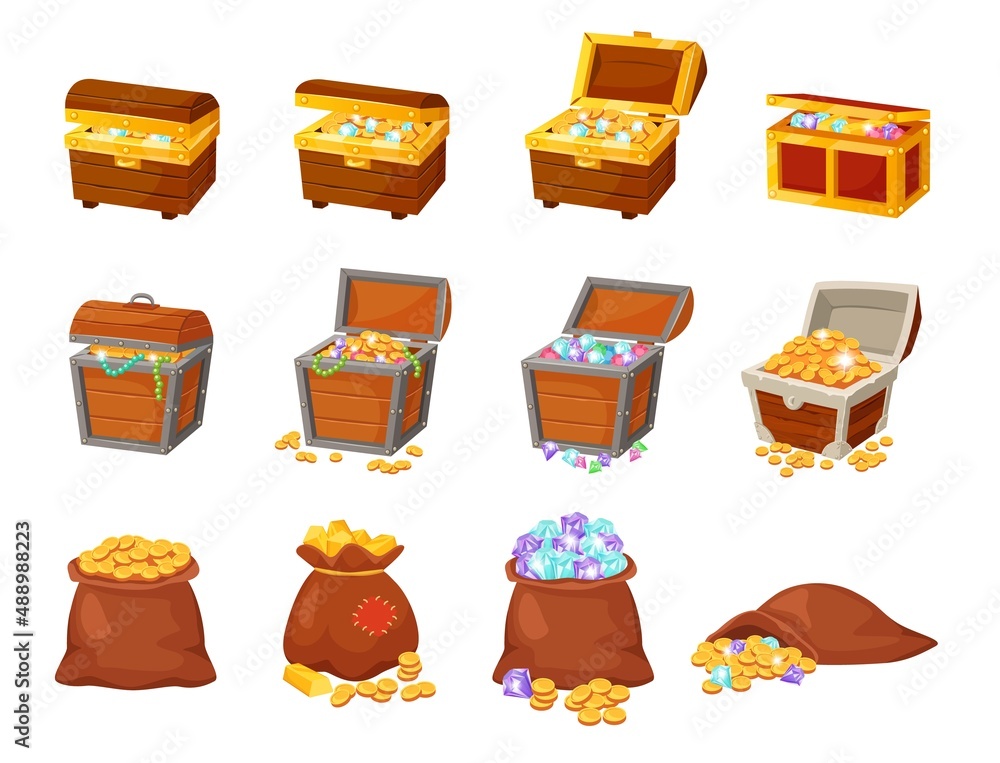 Vetor de Cartoon pirate treasure chests, bags with gold and jewels