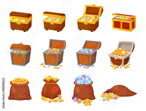 Cartoon pirate treasure chests, bags with gold and jewels. Open wooden chest with ancient treasures, bag with golden coins and gems vector set. Illustration of chest with treasure money