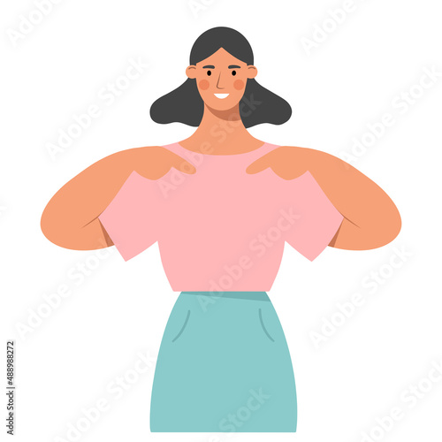 Young girl pointing at herself. Concept of success and confidence, self-esteem. Flat vector illustration isolated on white background.