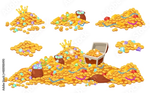 Cartoon treasure piles coins, jewels, gems and gold bars. Pirate treasures, pile of gold, precious stones, wooden chest, crown vector set. Illustration of golden pile, gold medieval pirate abundance photo