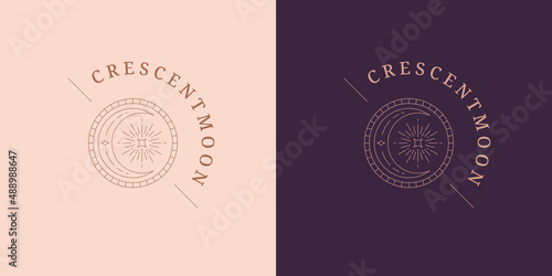 Magic moon crescent and star logo emblem design template vector illustration in minimal line art style.