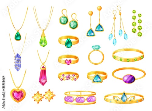 Cartoon gold jewelry with gemstones, wedding rings, earrings, bracelets. Women fashion golden accessories, tiara, jewel necklace vector set. Illustration of jewelry gold and gemstone