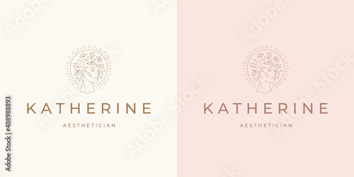 Beauty female portrait with floral decor logo emblem design template vector illustration